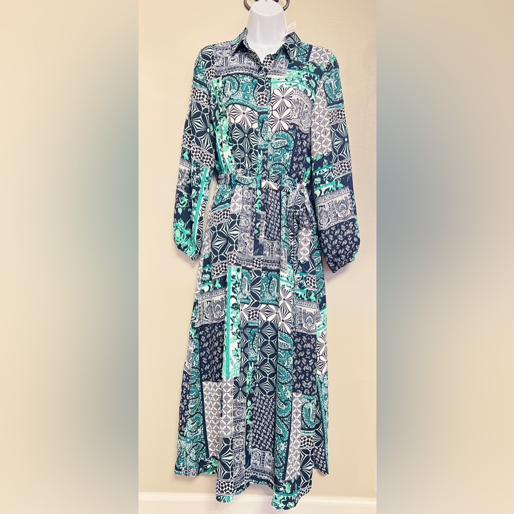 LOFT patchwork long sleeve midi dress, size small